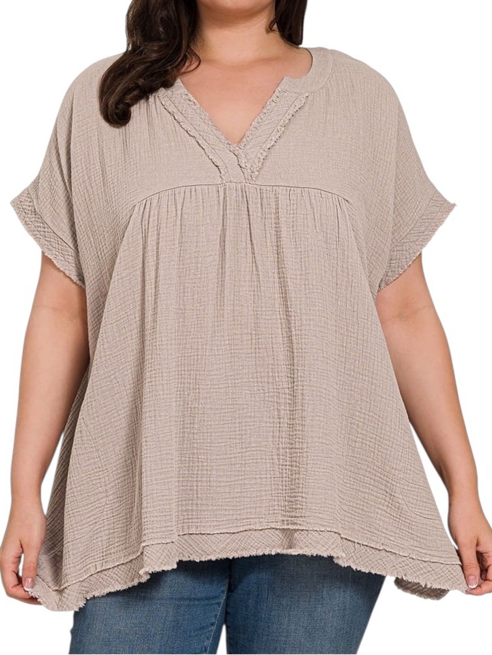 Zenana Babydoll Raw Hem Gauze Top in Brush - New